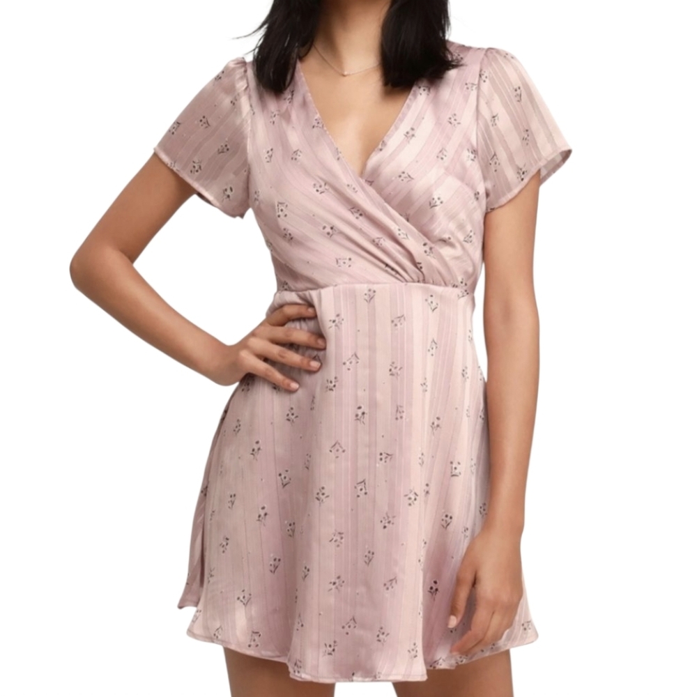 Lulu's Elegant Edith Satin Blush Pink Floral Print Coquette Mini Dress Large